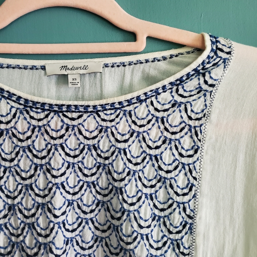 Madewell White Linen Tunic with Navy Blue Embroidered Front Panel, Pom-Pom Trim